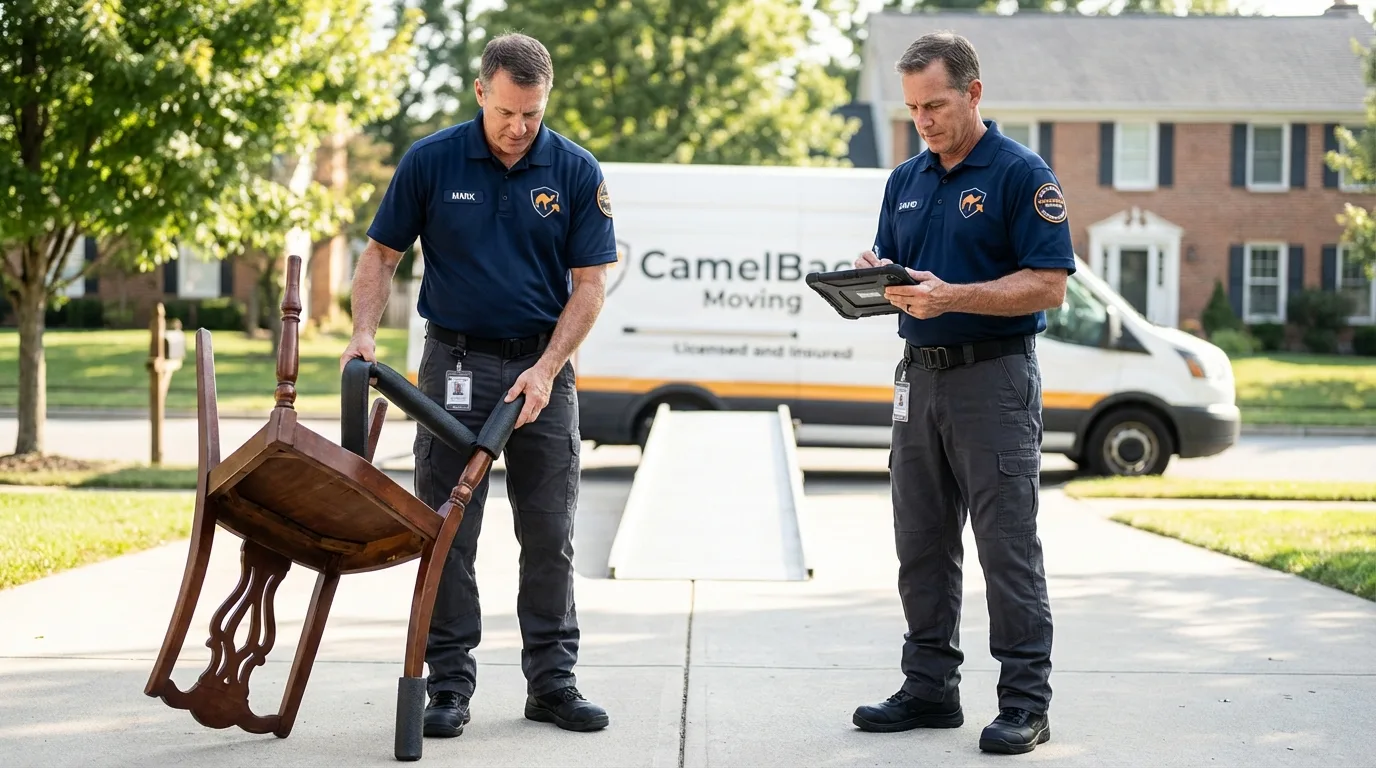 Movers inspecting furniture for damage prevention before loading in Melville, NY