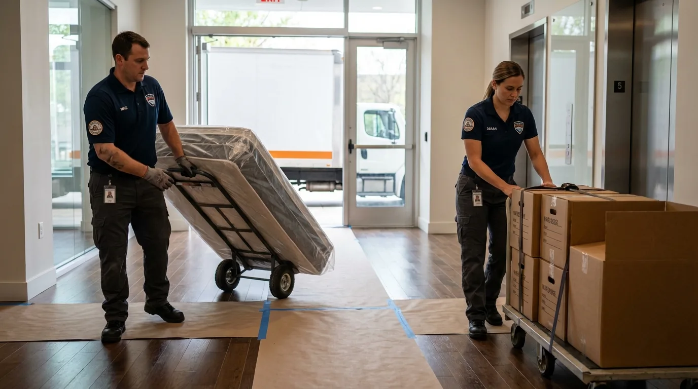 Professional apartment movers loading elevator in Melville, NY