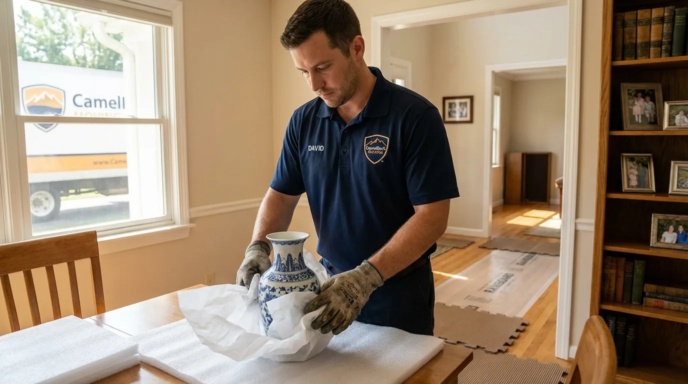 Professional crew carefully wrapping antique vase for senior downsizing move in Melville, NY