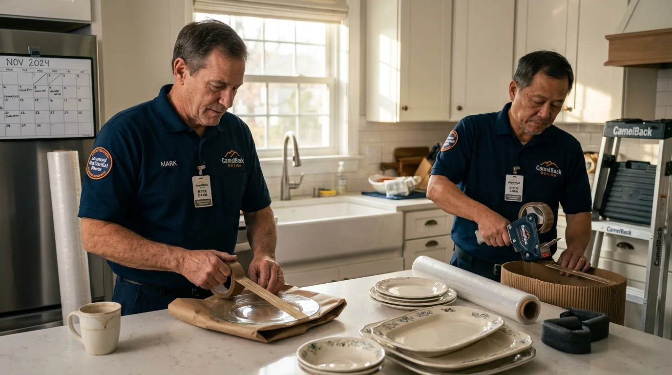 Professional crew packing kitchen dishware in Melville, NY