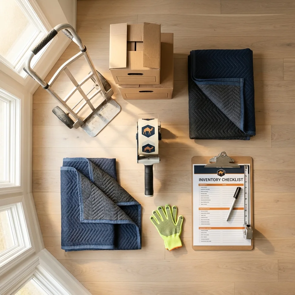 Professional moving supplies and packing materials layout for Melville residential relocations